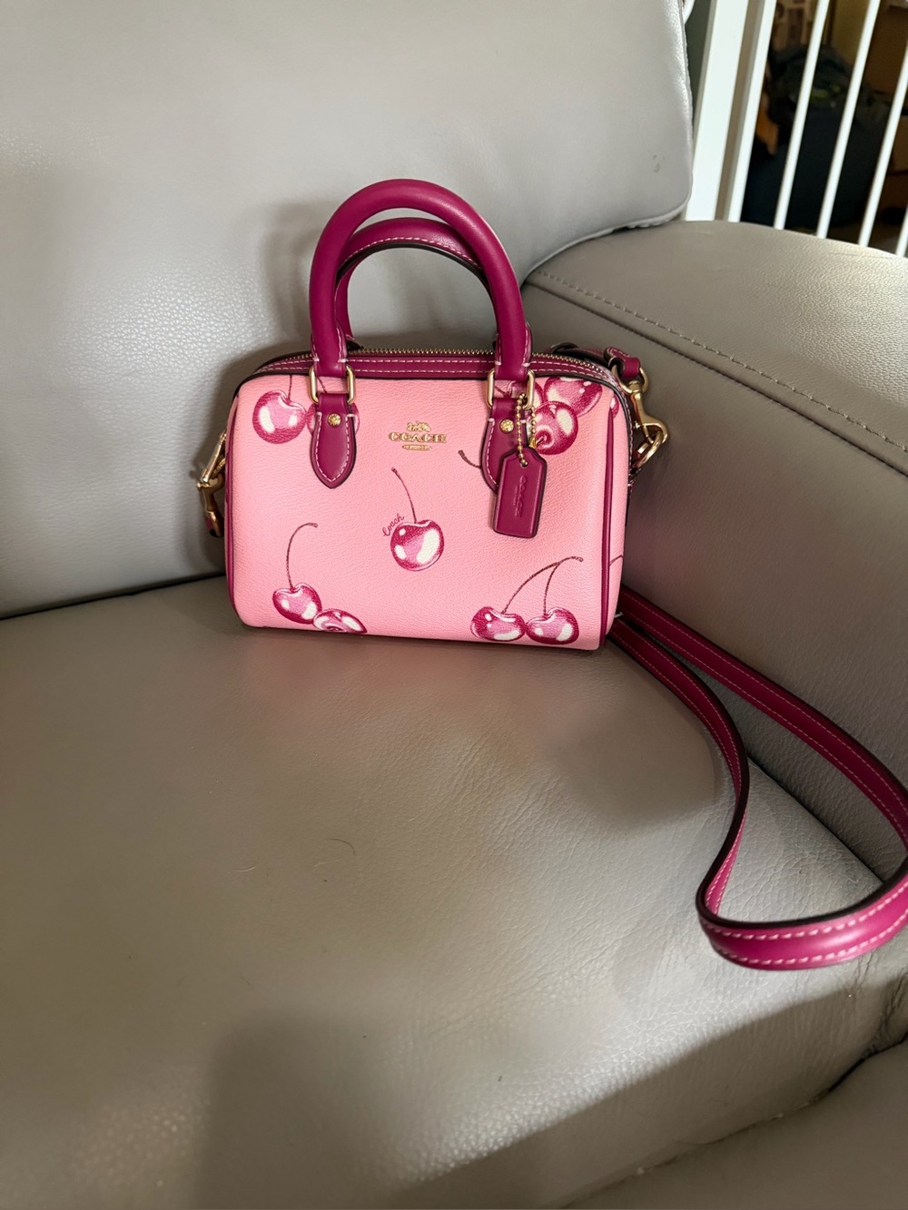 Coach Mini Rowan Pink Cherry Print Satchel